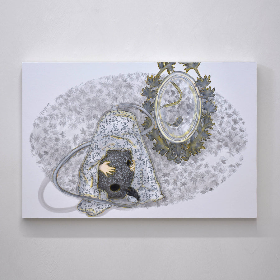 Dessin réalisé par Fanny Mesnard durant une résidence en Norvège. Carnet d’hiver. Encre et acrylique sur papier Museum Board marouflé sur panneau de merisier.