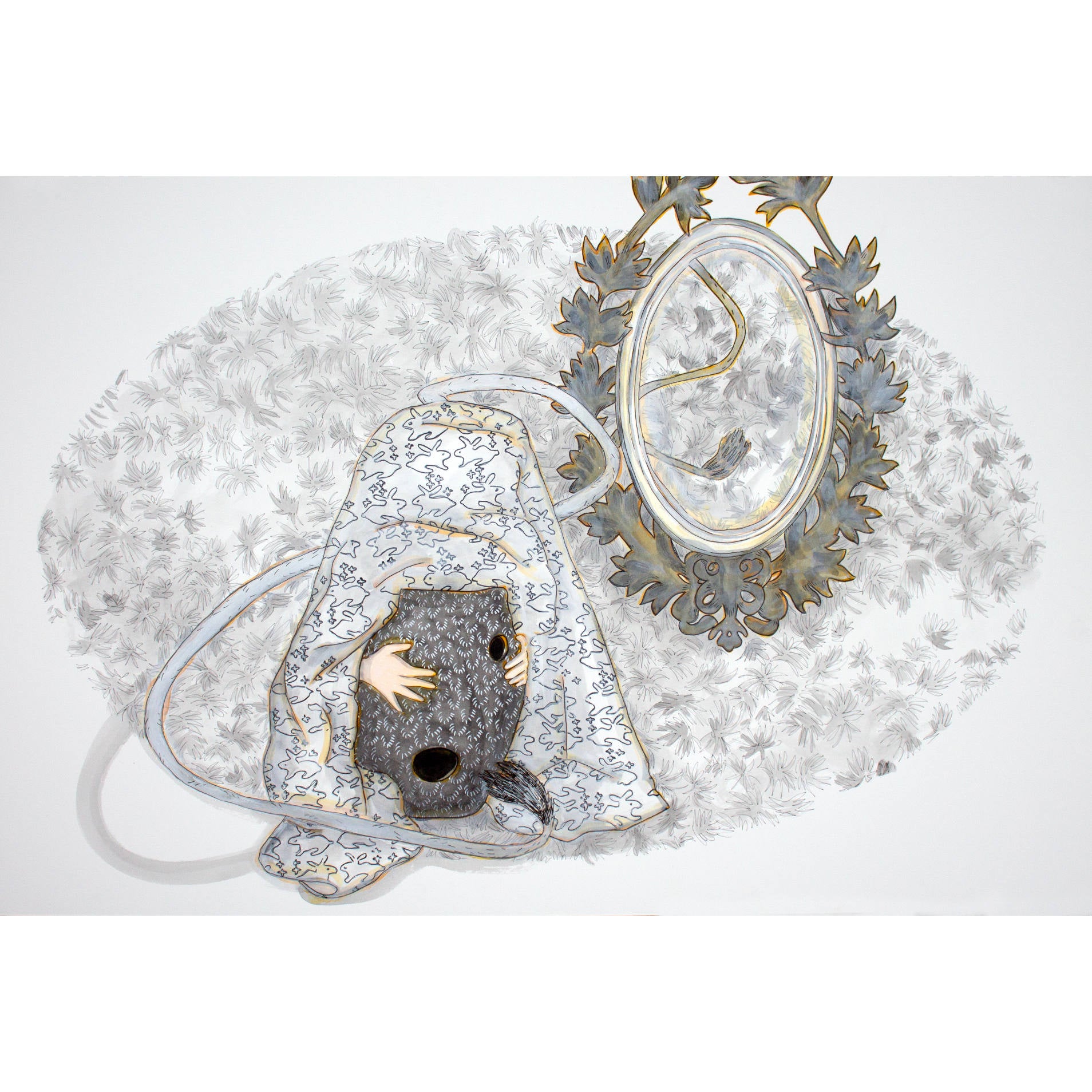 Dessin réalisé par Fanny Mesnard durant une résidence en Norvège. Carnet d’hiver. Encre et acrylique sur papier Museum Board marouflé sur panneau de merisier.