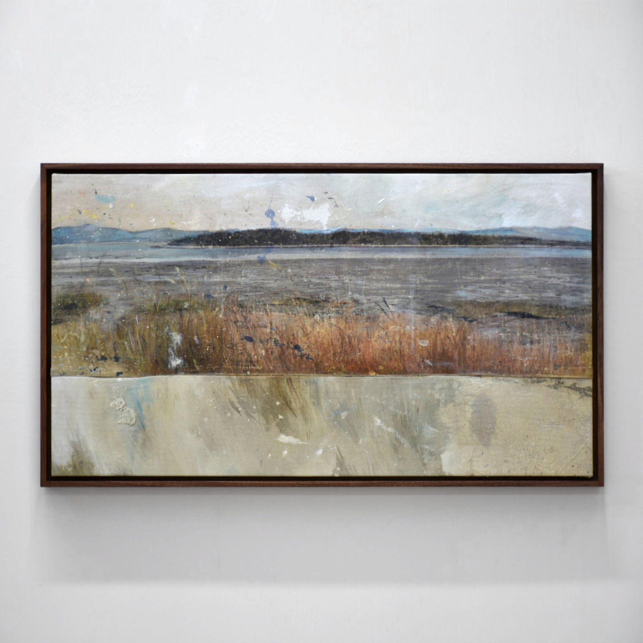 Format horizontal de l’artiste peintre de Rivière-du-Loup Chloé Giroux-Bertrand, Île aux Corneilles de Kamouraska avec rivage d’automne