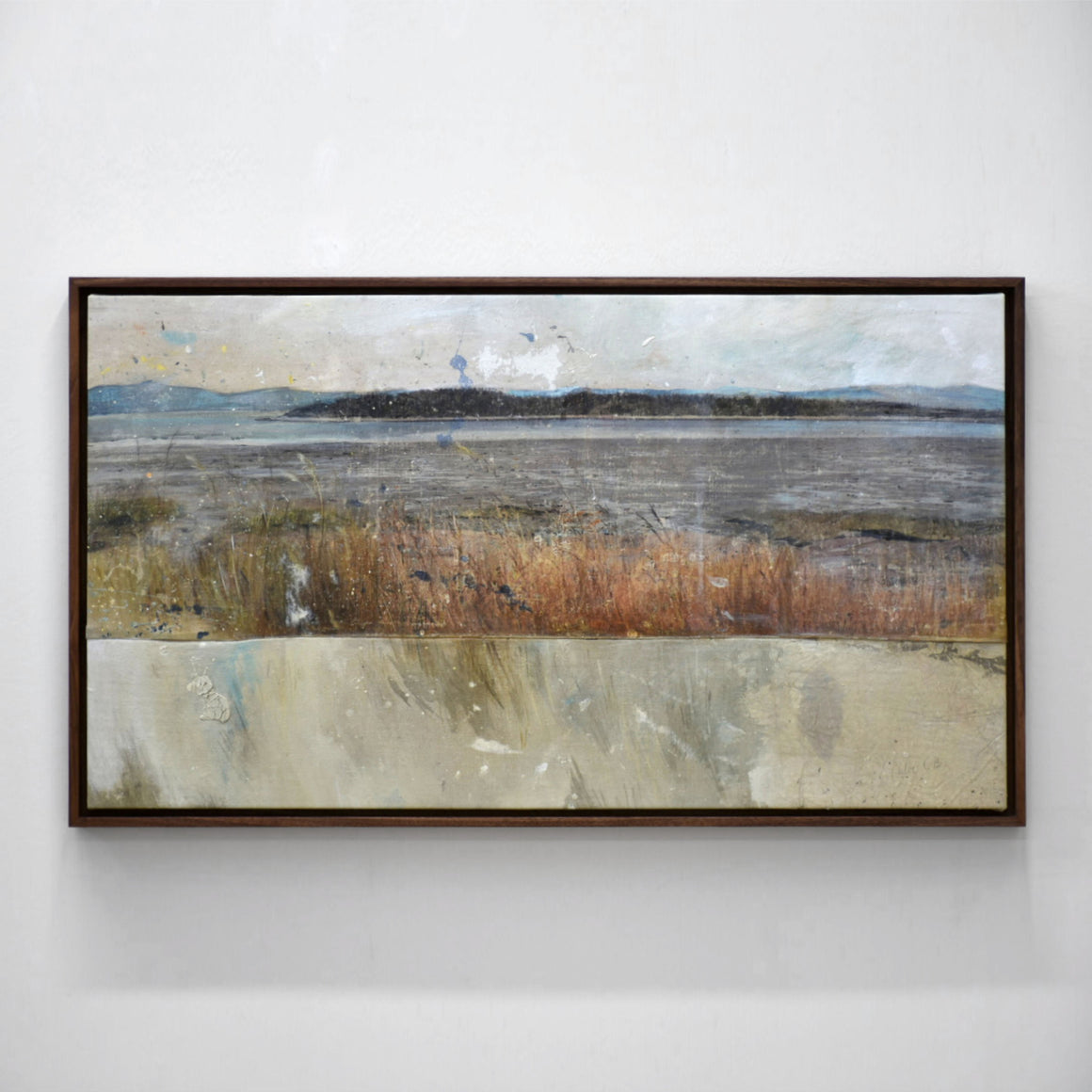Format horizontal de l’artiste peintre de Rivière-du-Loup Chloé Giroux-Bertrand, Île aux Corneilles de Kamouraska avec rivage d’automne