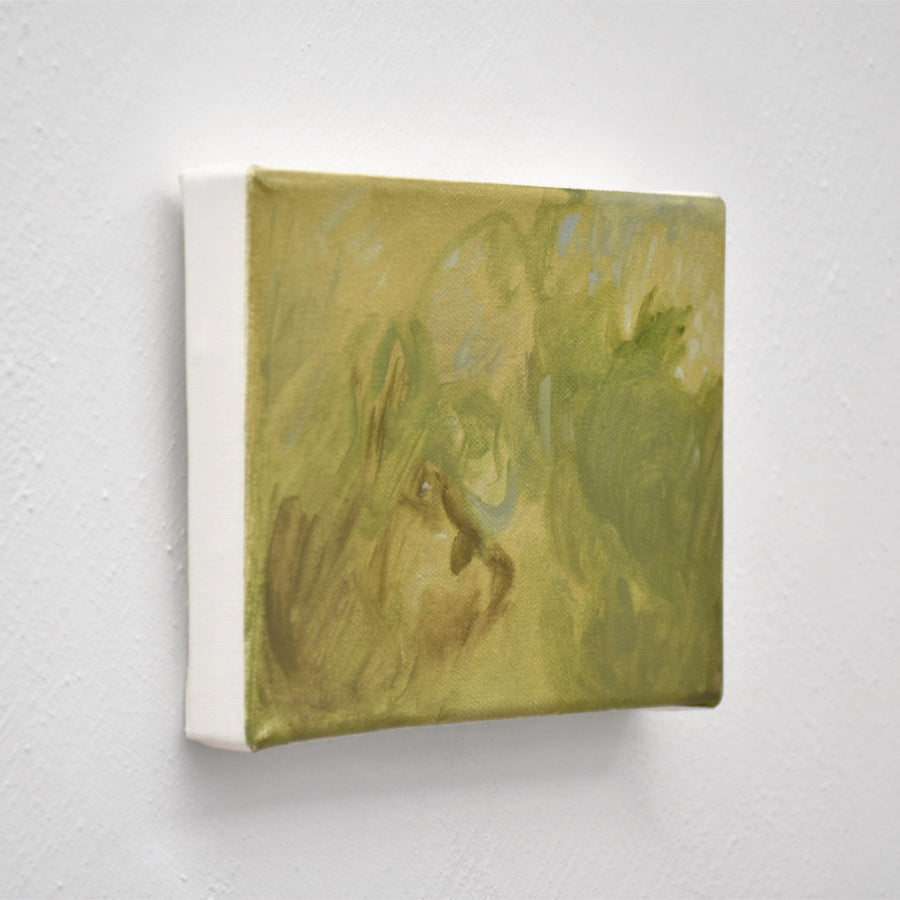 Huile sur toile de Vanessa Locatelli, inspirée d’un jardin. Petit format horizontal.