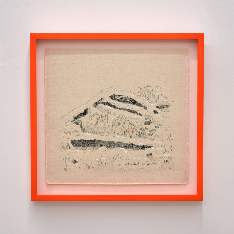 Une composition unique de Karine Locatelli. À voir dans le cadre de son exposition solo à la galerie d’art contemporain Champagne & Paradis. Encadrement orage fluo par Atelier 27 x 27.