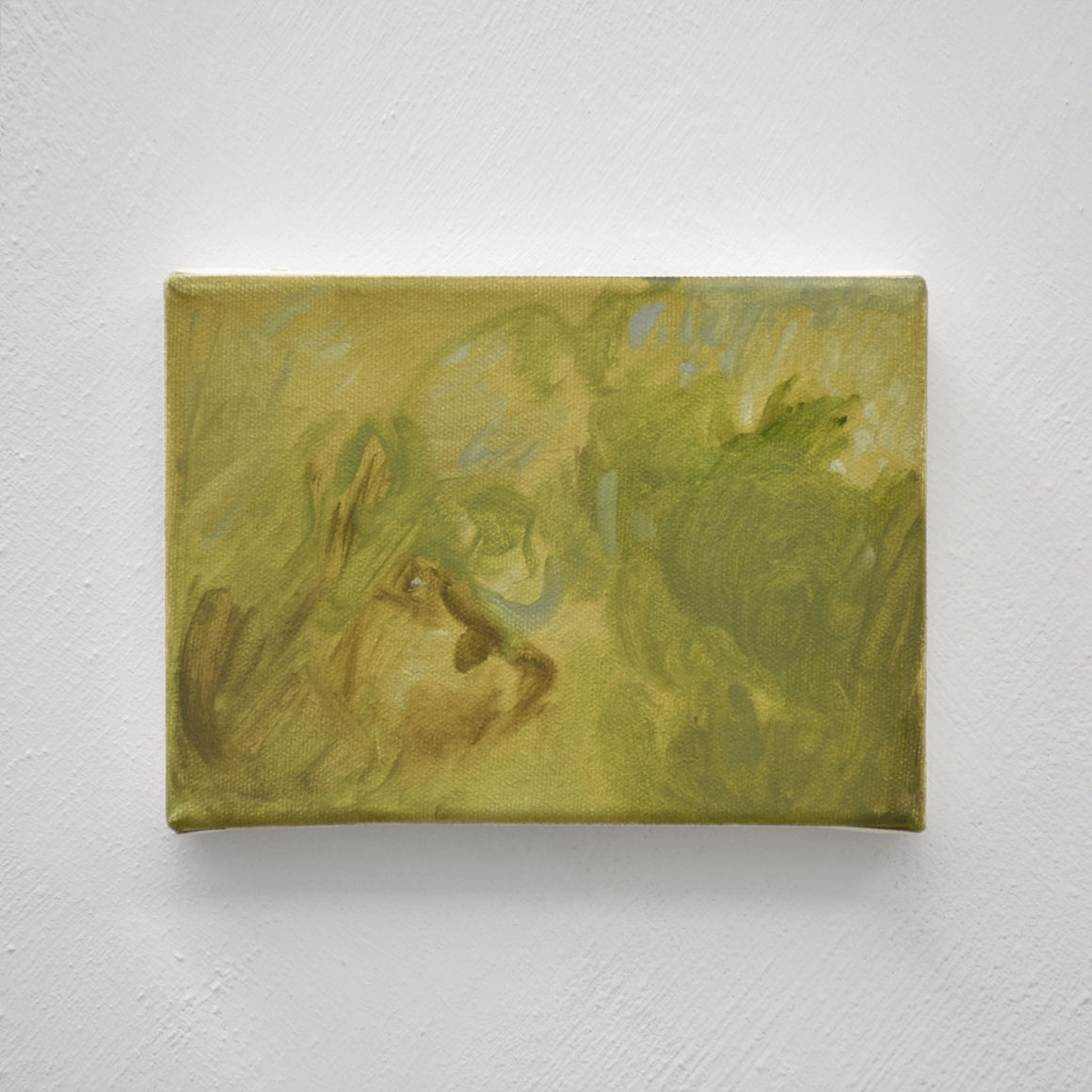 Huile sur toile de Vanessa Locatelli, inspirée d’un jardin. Petit format horizontal.