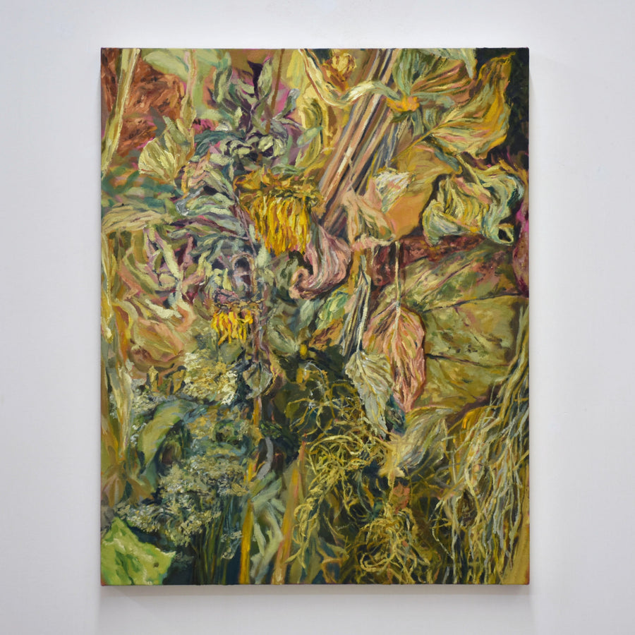 Le jardin, étude n° 5 de Andréanne Le. Hudon. Peinture à l’huile sur toile, 24” x 30”, 2023. Végétation dans les tons de jaune ochre et de vert tendre.