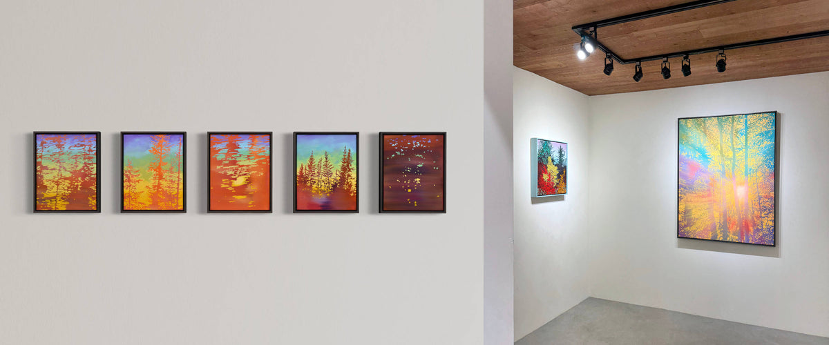 Exposition solo de Josiane Lanthier à la galerie Champagne et Paradis. Peinture de paysage, d’arbres et de lumière. Acrylique sur toile.