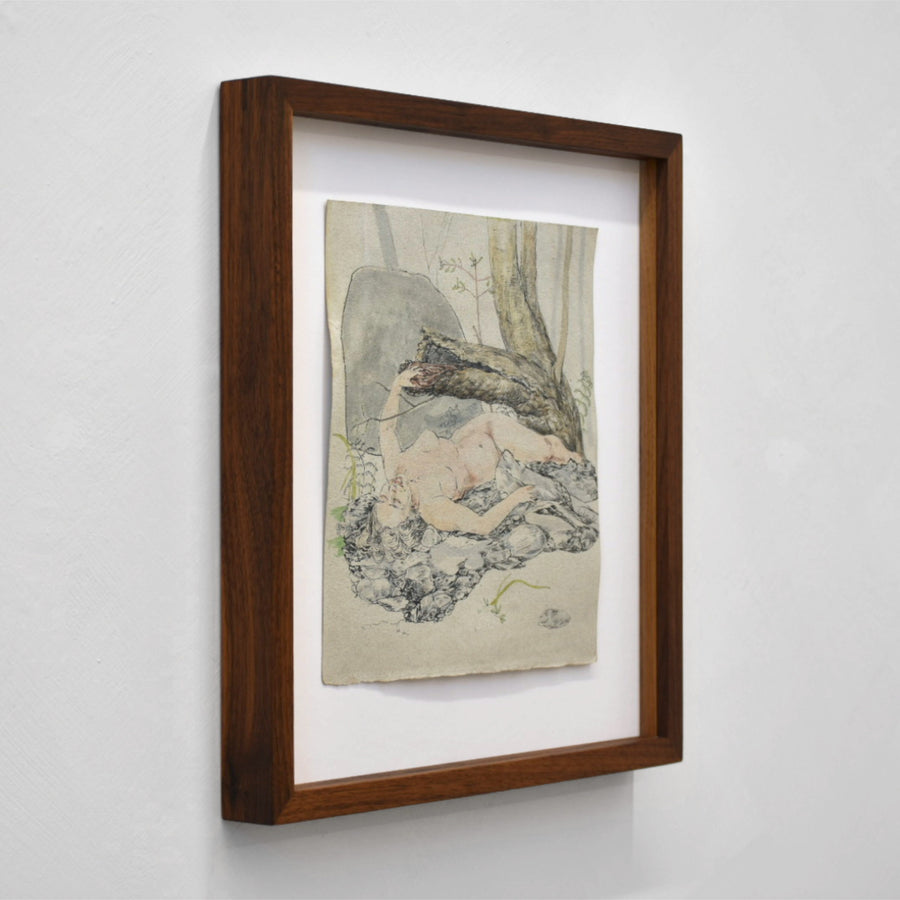 Hommage à Courbet par Andréanne Le. Hudon. Encre et aquarelle sur papier. Illustration d’une femme en forêt.