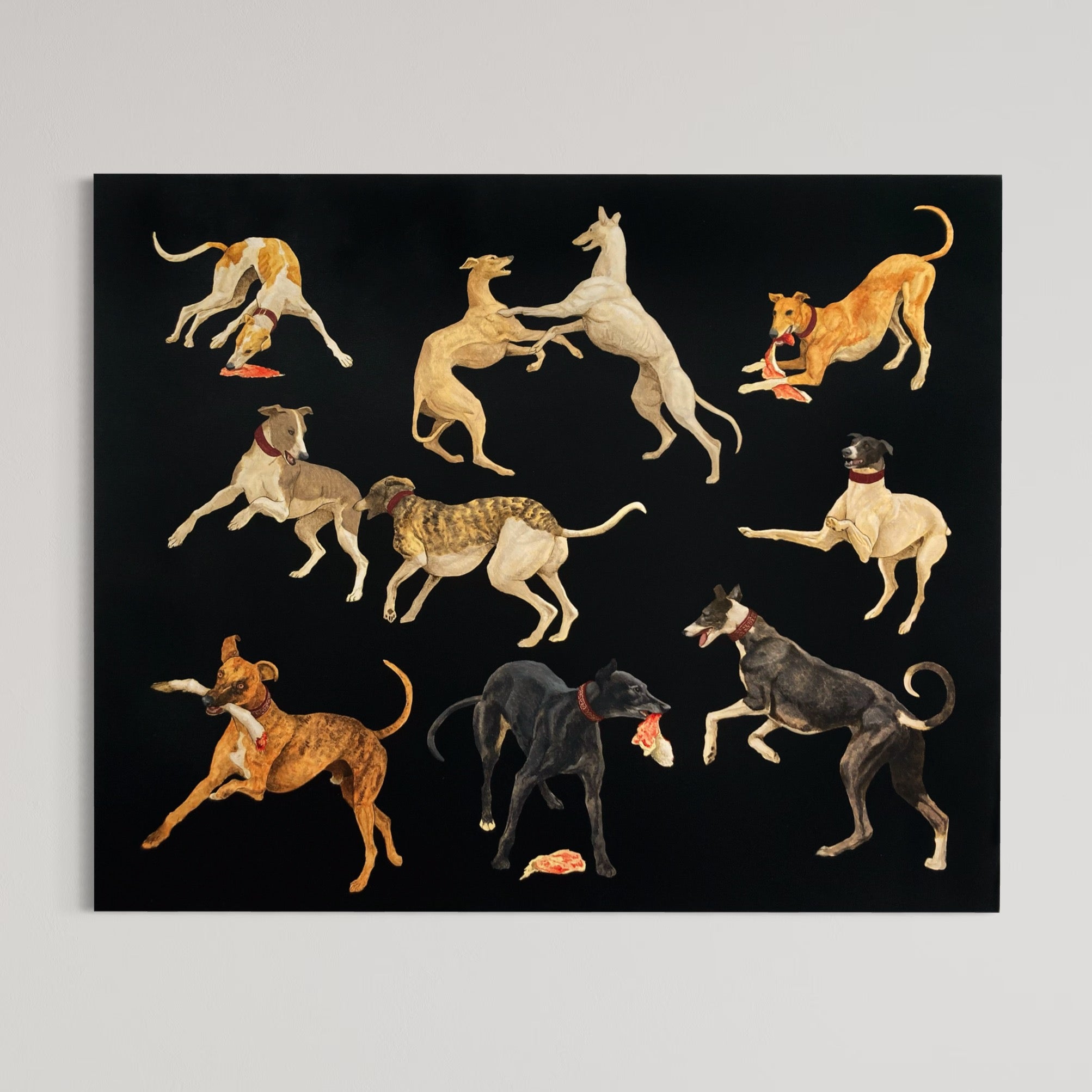 La curée chaude, par l’artiste peintre Émile Brunet. Huile sur panneau de bois, 24” x 30”, 2024. Composition avec dix greyhounds, des lévriers de toutes les couleurs. Chiens sur fond noir.