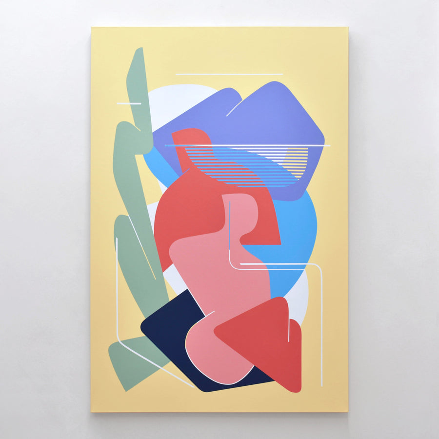 Des formes géométriques abstraites et colorées sur un fond jaune par Philippe Poullaouec-Gonidec. Grand format vertical inspiré du mouvement Hard Edge.