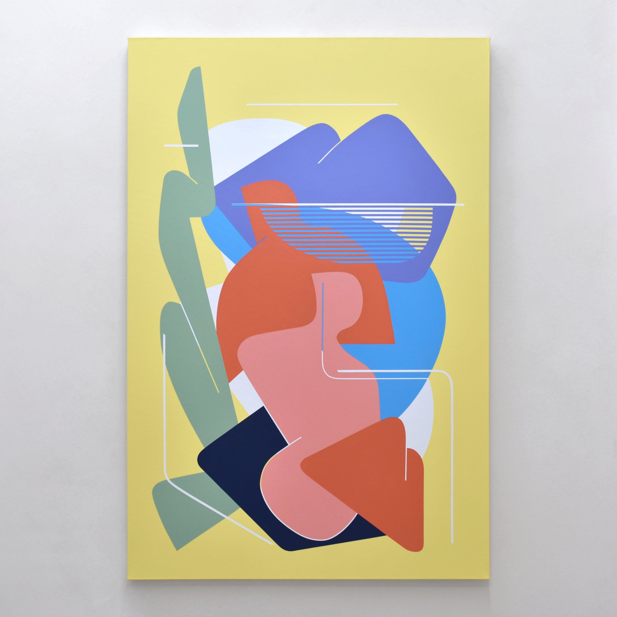 Des formes géométriques abstraites et colorées sur un fond jaune par Philippe Poullaouec-Gonidec. Grand format vertical inspiré du mouvement Hard Edge.