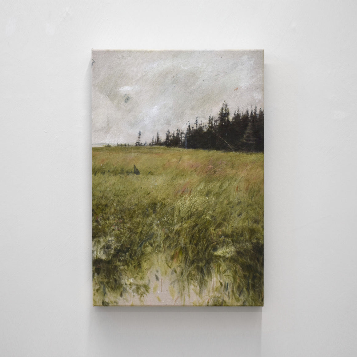 Petit format vertical de Chloé Giroux-Bertrand. Un champ verdoyant bordé par une forêt d’épinettes noires et le fleuve au loin.