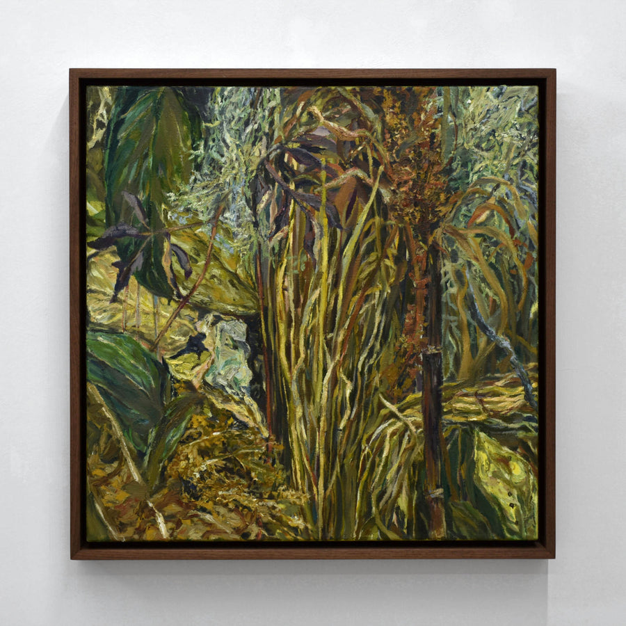 Tableau carré d’Andréanne Le. Hudon, huile sur toile, composition végétale, sous-bois d’automne