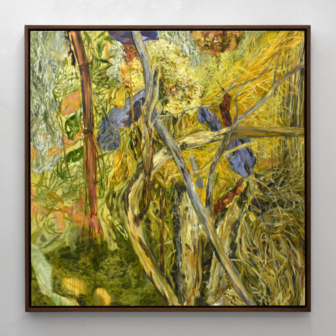 Grand format carré d’Andréanne Le. Hudon, peinture à l’huile sur toile, composition végétale