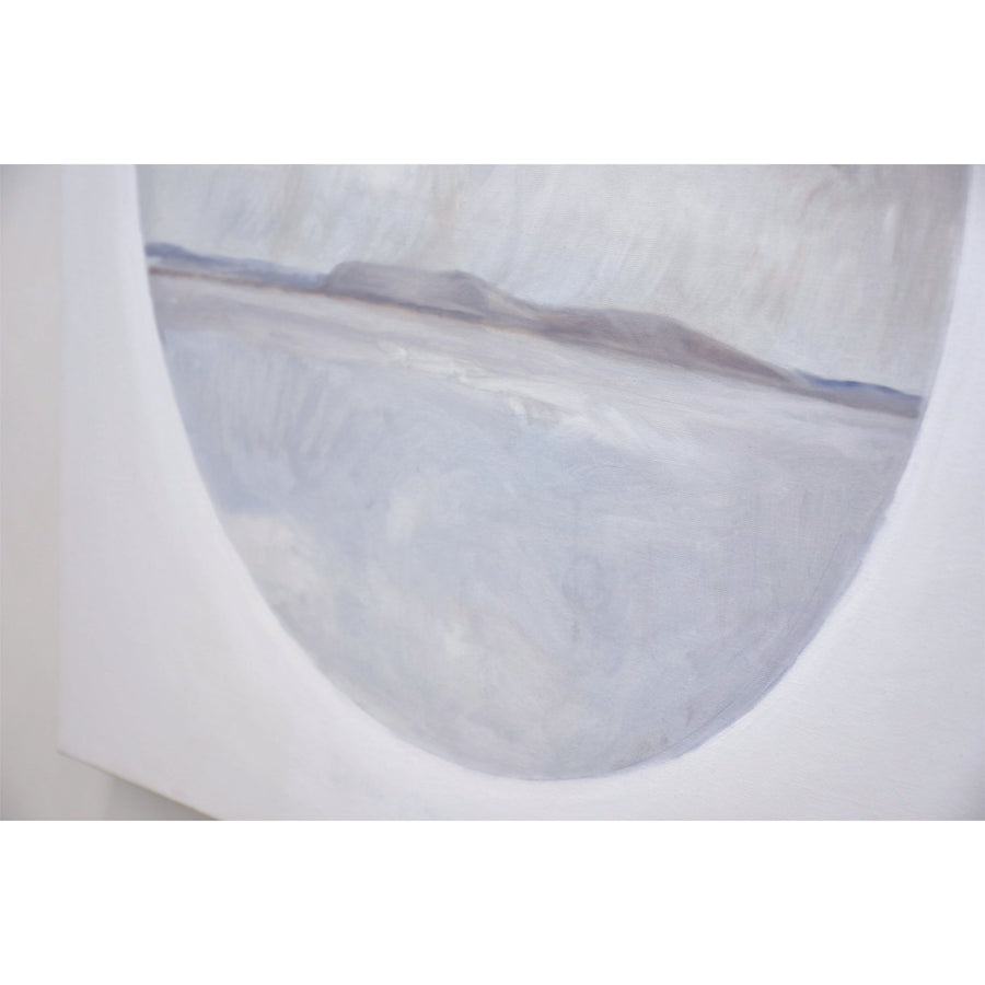 Grand format carré de Vanessa Locatelli. Composition circulaire à l’huile sur toile. Les îles des Pèlerins, dans le Kamouraska, vues du traversier.