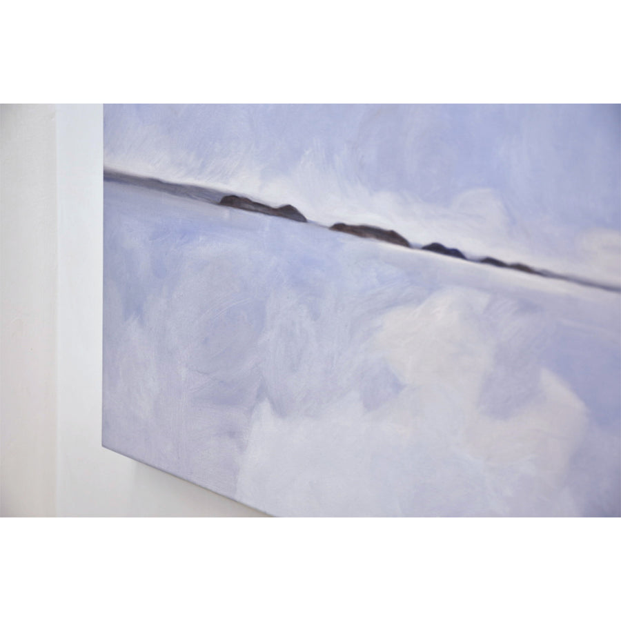 Grand format carré de Vanessa Locatelli. Peinture à l’huile sur toile. Les îles des Pèlerins, dans le Kamouraska, vues du traversier.