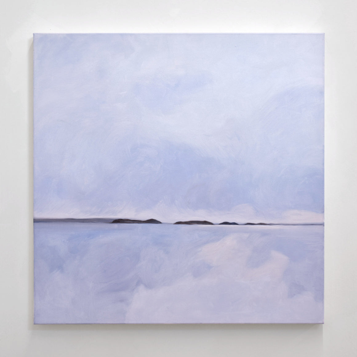 Grand format carré de Vanessa Locatelli. Peinture à l’huile sur toile. Les îles des Pèlerins, dans le Kamouraska, vues du traversier.