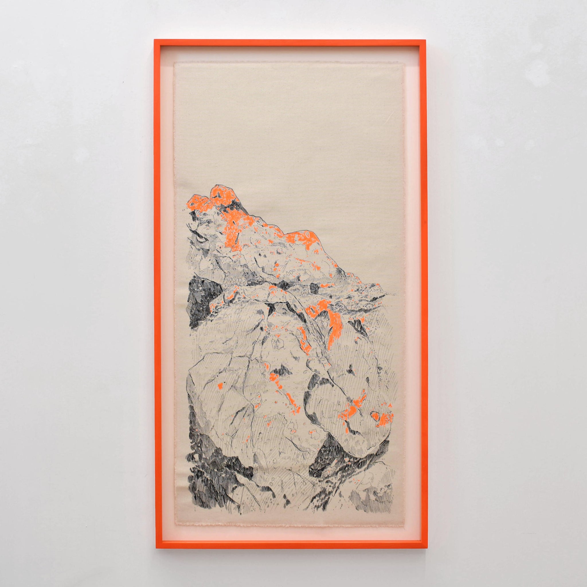 Lichen lumière de Karine Locatelli, cadre orange fluo, lichen sur rocher, encre de chine et acrylique sur toile