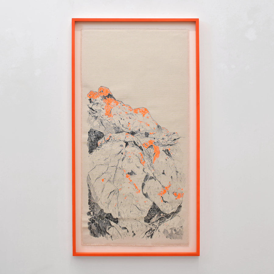 Lichen lumière de Karine Locatelli, cadre orange fluo, lichen sur rocher, encre de chine et acrylique sur toile