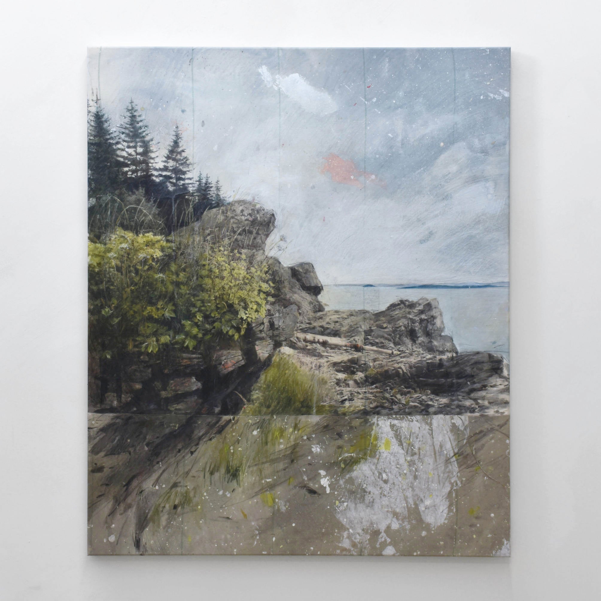 Livèche écossaise, par Chloé Giroux-Bertrand. Grand format horizontal, acrylique, transfert photo et dessin sur bâche de peintre recyclée. Plantes de rivage du bas-du-fleuve.