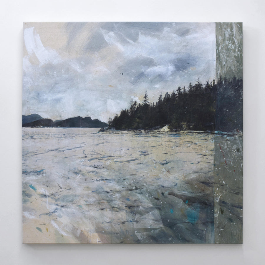 Un grand format hivernal de Chloé Giroux-Bertrand, avec des glaces sur le fleuve et des îles à perte de vue.