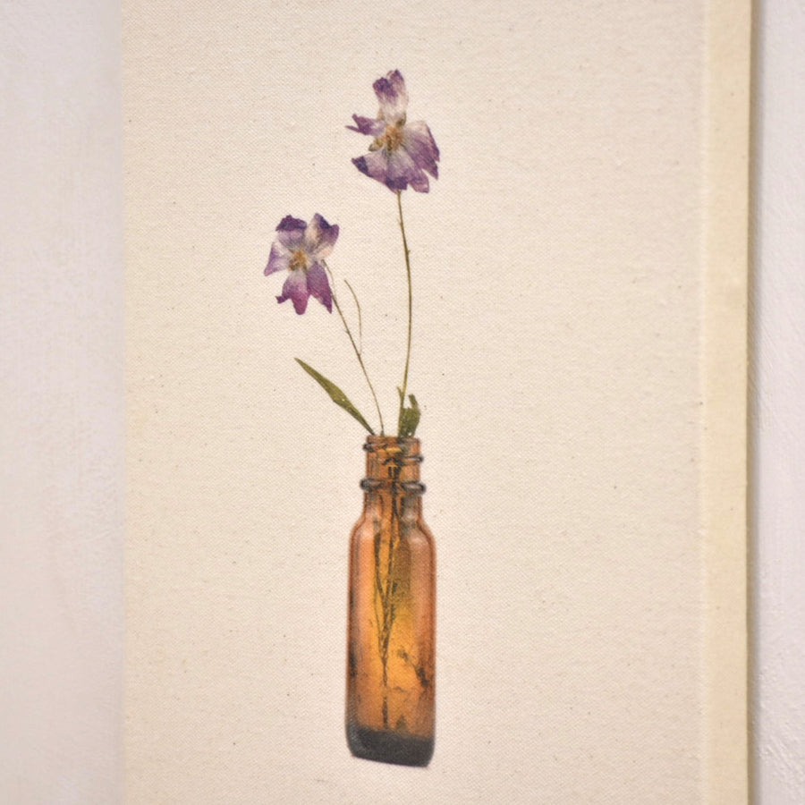 Mauve musquée, de Caroline Bolieu. De sa série du Cabinet des fleurs. Tirage unique de deux fleurs dans une fiole ambrée.