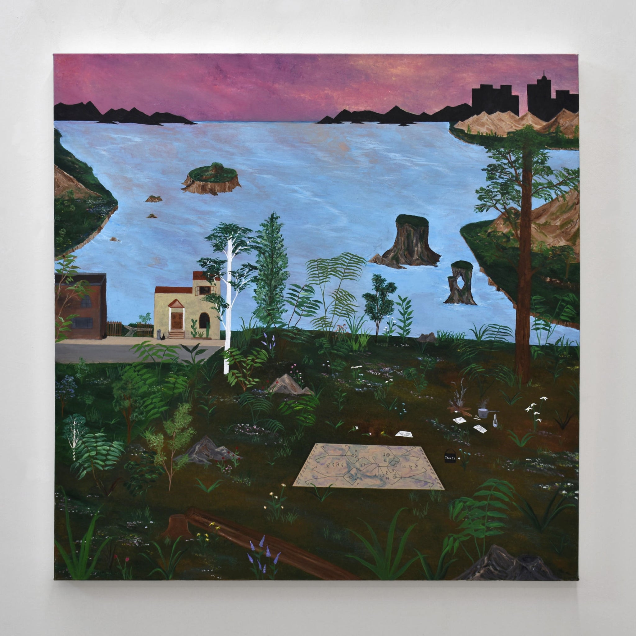 Format carré de Gabriel Rioux, univers surréaliste, acrylique sur toile, rivage de végétations et ville à l’horizon