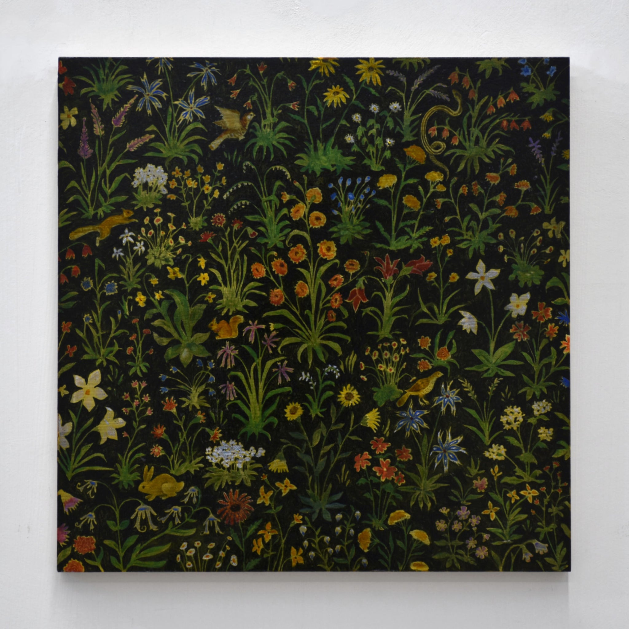 Mille-fleurs n° 1, par Émile Brunet. Étude d’une tapisserie médiébale avec fleurs et animaux de forêt. Huile sur panneau de bois, 16” x 16”, pièce de collection.