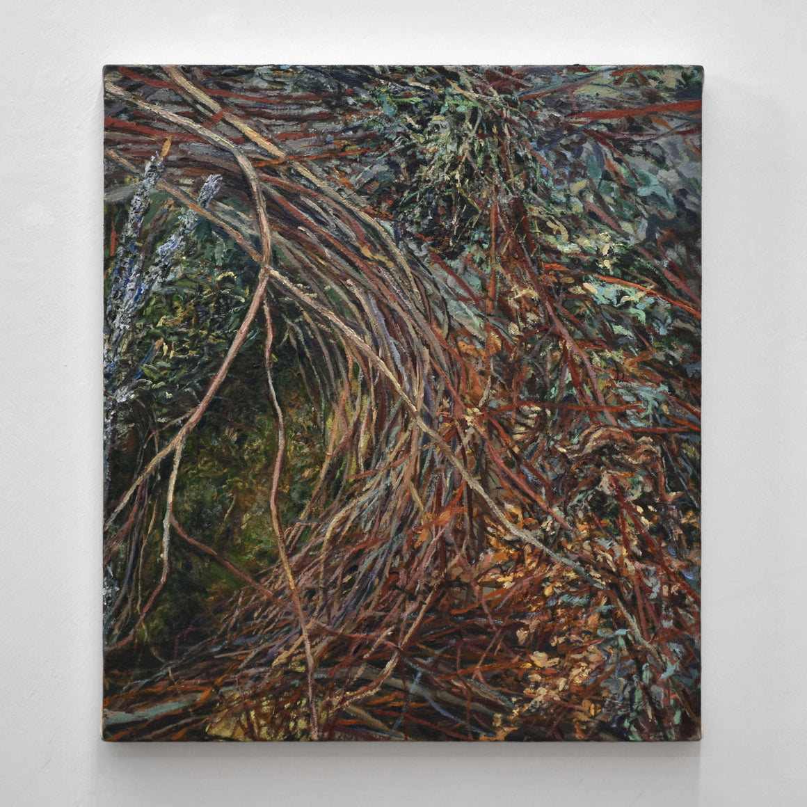 Peinture à l’huile sur toile d’Andréanne Le. Hudon. Étude d’une composition botanique faite de branches, de mousse et de feuilles séchées.