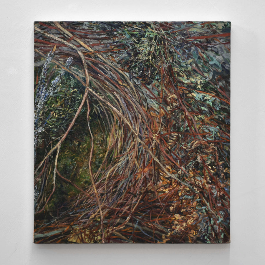 Peinture à l’huile sur toile d’Andréanne Le. Hudon. Étude d’une composition botanique faite de branches, de mousse et de feuilles séchées.