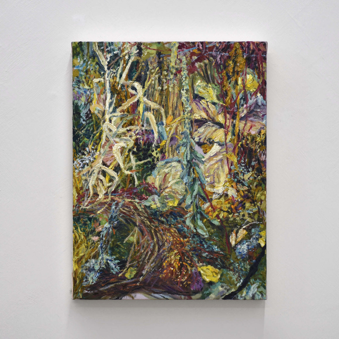 Peinture à l’huile sur toile d’Andréanne Le. Hudon. Étude d’une composition botanique faite de branches, de mousse, de feuilles et de fleurs séchées.