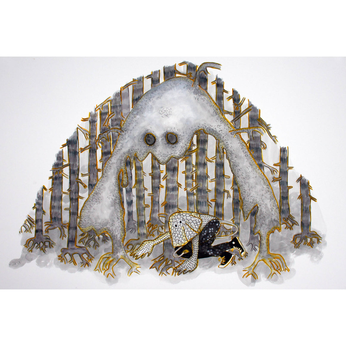 Dessin réalisé par Fanny Mesnard durant une résidence en Norvège. Carnet d’hiver. Encre et acrylique sur papier Museum Board marouflé sur panneau de merisier.