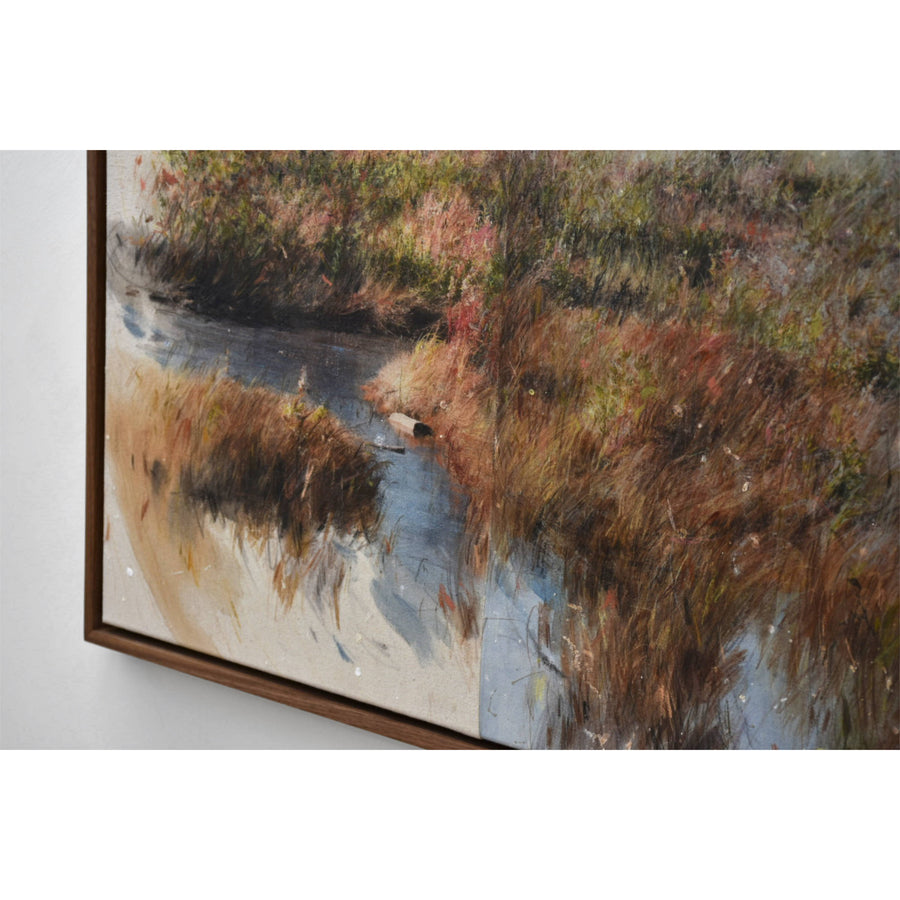 Intitulée « Nouvelle maison », cette oeuvre automnale de Chloé Giroux-Bertrand, mise en valeur avec un cadre en noyer fabriqué par Atelier 27 x 27, est à voir à la galerie Champagne & Paradis.