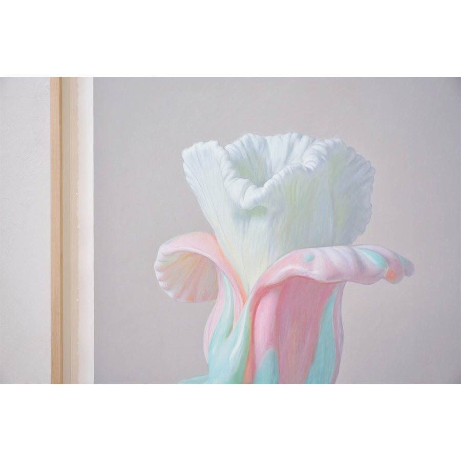 « O.V.M. 9 », par Pierre Durette. Dessin aux crayons de couleur d’une fleur fondante. Vanité contemporaine. Composition surréaliste.