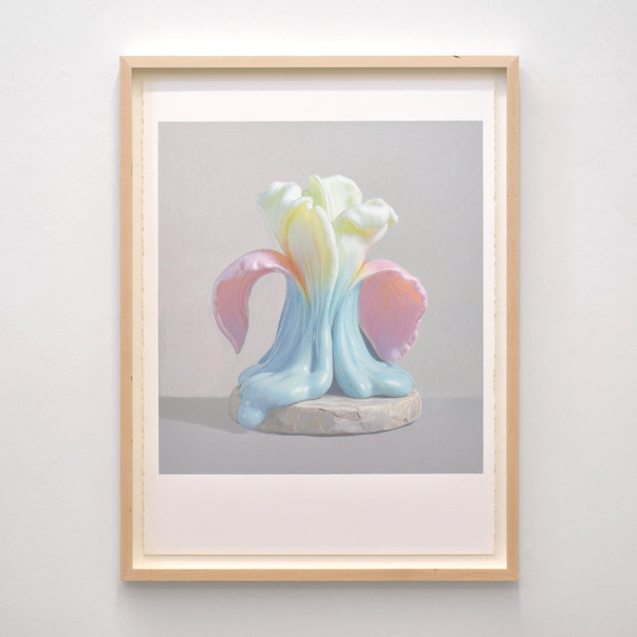 Par Pierre Durette, dessin aux crayons de couleur sur papier Stonehenge. Fleur fondante bleu, rose et jaune, sur socle.