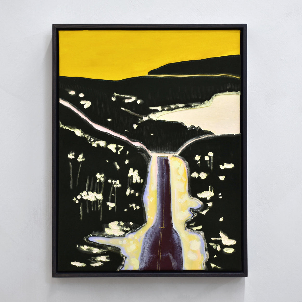 NB semi-dangereux, dans le regard de l’artiste peintre Josiane Lanthier. Tableau composé d’acrylique, de velours et de cuirette. Encadrement par François Simard.