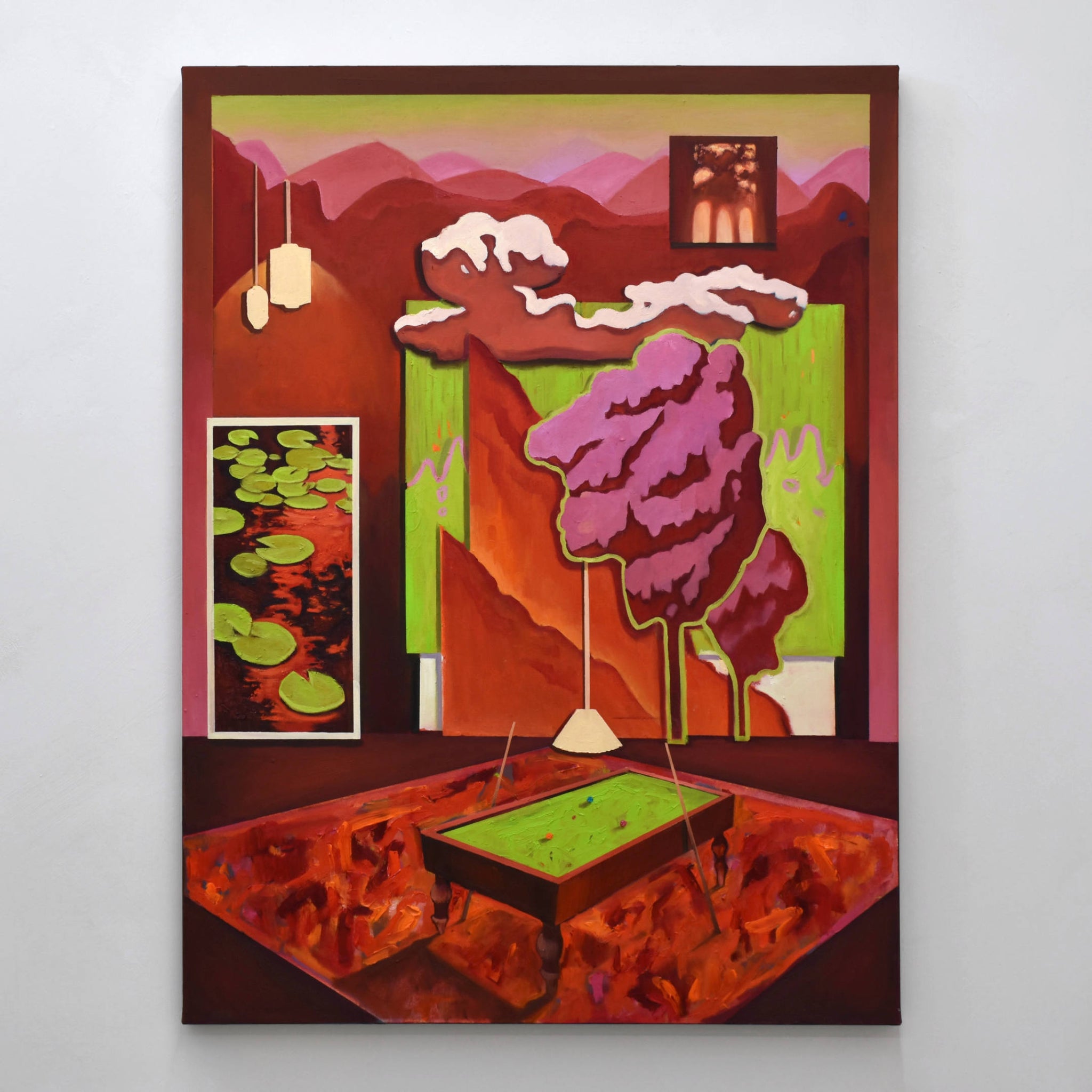 Intitulée « Opale », ce tableau réalisé à l’huile sur toile par Charles Paradis met en scène une table de billard dans un décor surréaliste aux couleurs vives. À voir chez Champagne et Paradis !