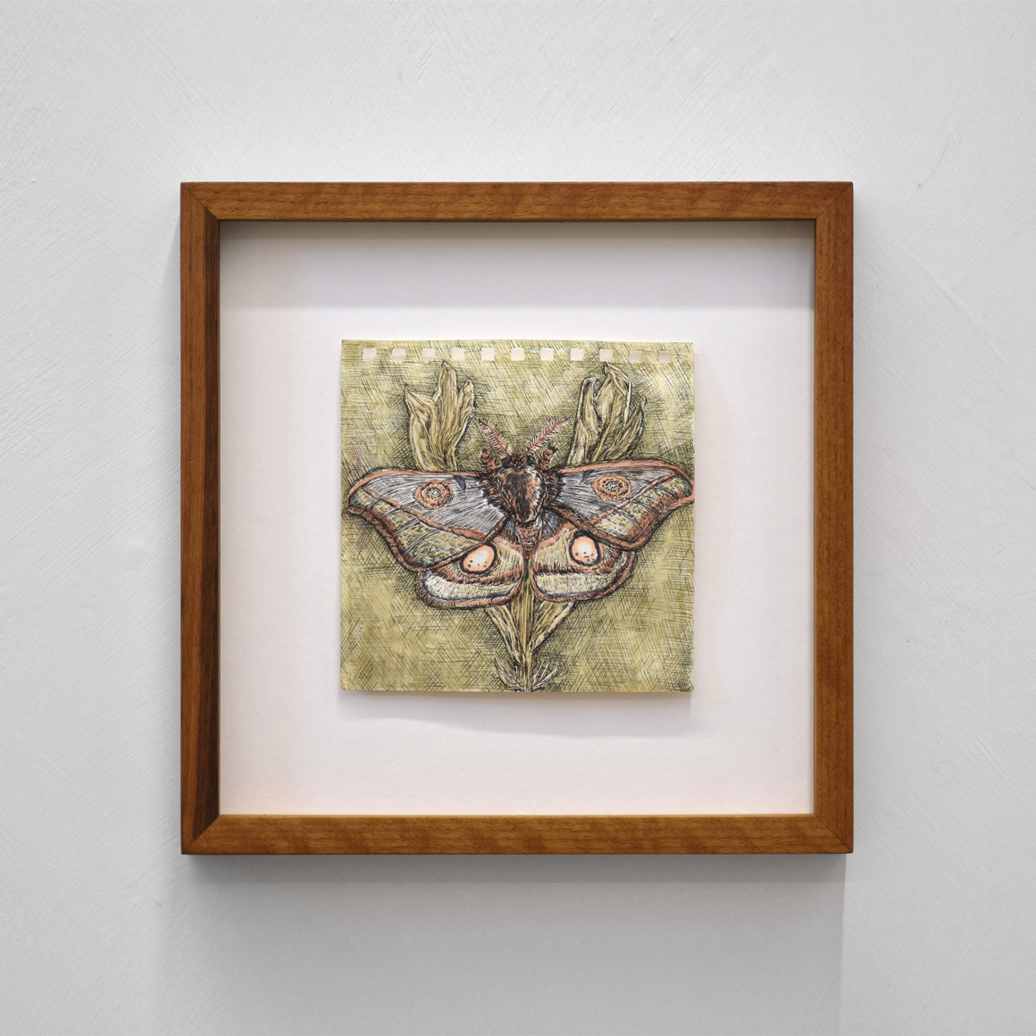 Dessin sur papier d’Andréanne Le. Hudon. Une fleur en forme de papillon sur fond vert. Encadrement en noyer.