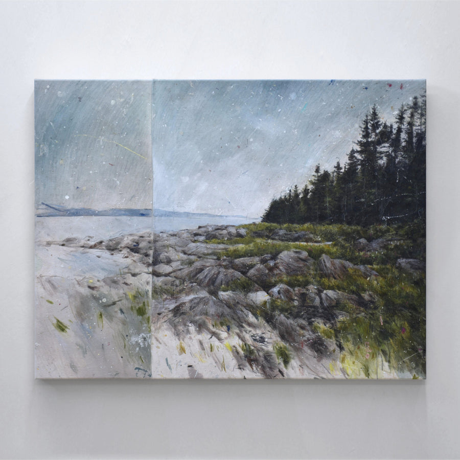 Passer par la plage, de l’artiste bas-laurentienne Chloé Giroux-Bertrand. Peinture de rivage inspirée de l’Île Verte.