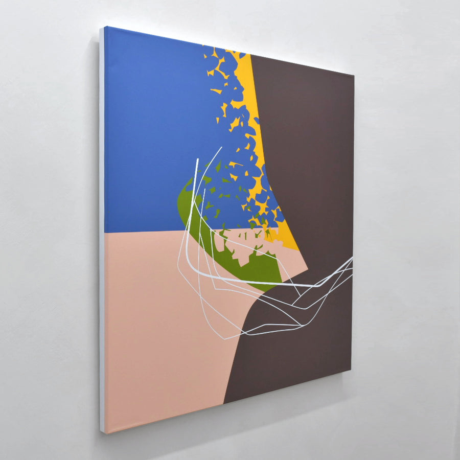 Une œuvre abstraite inspirée des paysages maritimes par Philippe Poullaouec-Gonidec, avec des tons de brun, de vert, de bleu et d’orangé.