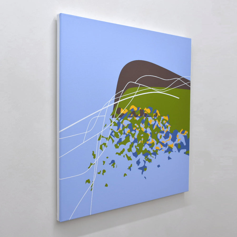 Composition minimaliste par Philippe Poullaouec-Gonidec. Un grand format carré de couleur bleu est habité par des formes vertes et des lignes en mouvement.