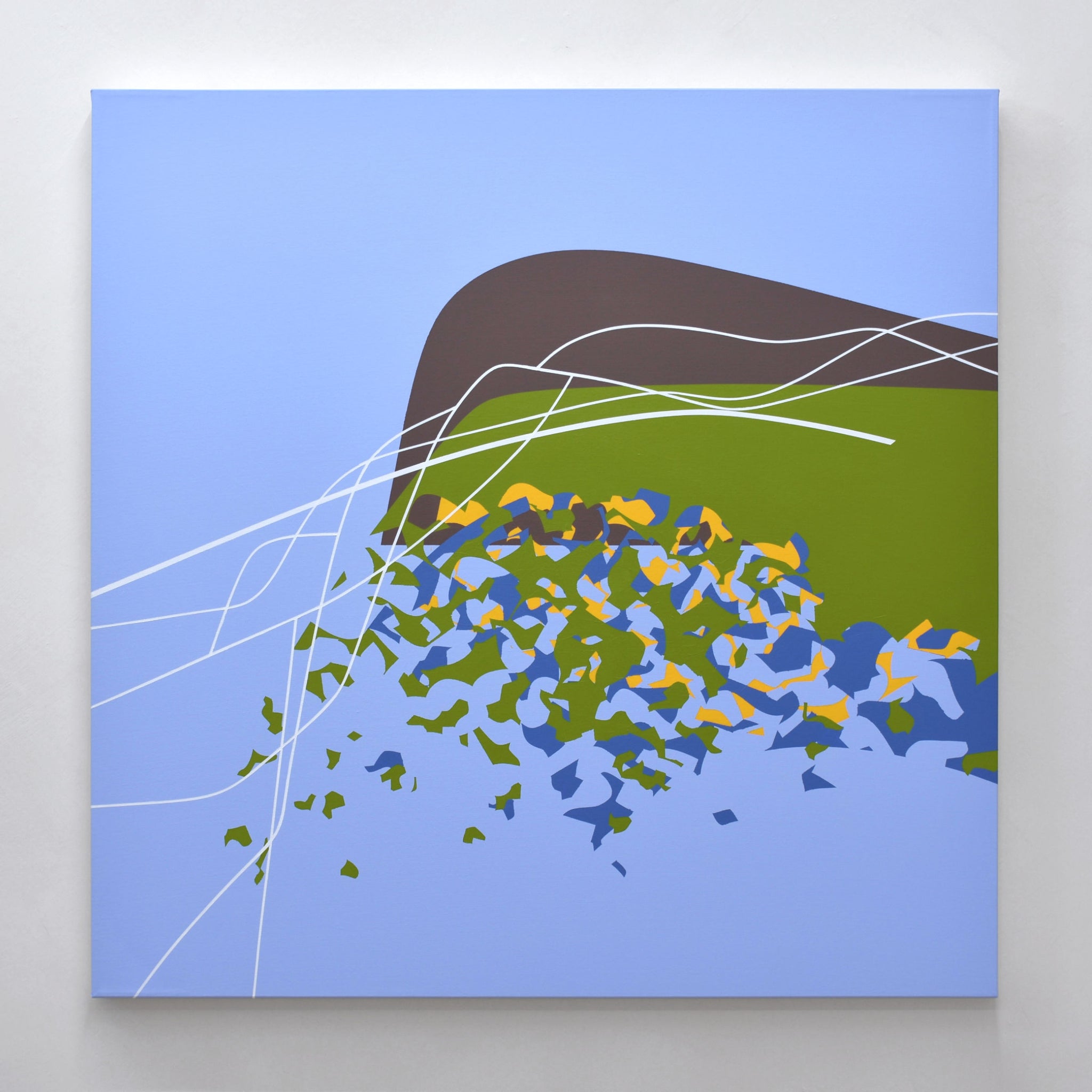 Composition minimaliste par Philippe Poullaouec-Gonidec. Un grand format carré de couleur bleu est habité par des formes vertes et des lignes en mouvement.