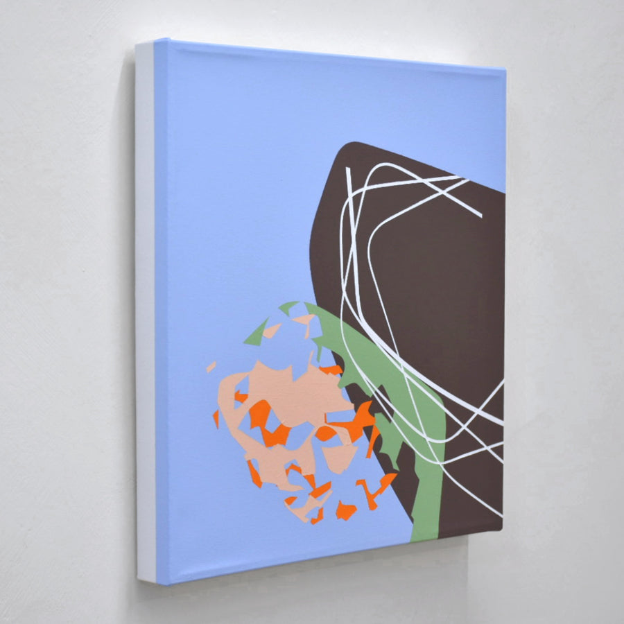 Composition minimaliste inspirée du fleuve par Philippe Poullaouec-Gonidec, dans les tons de bleu, de brun, de vert et d’orangé.