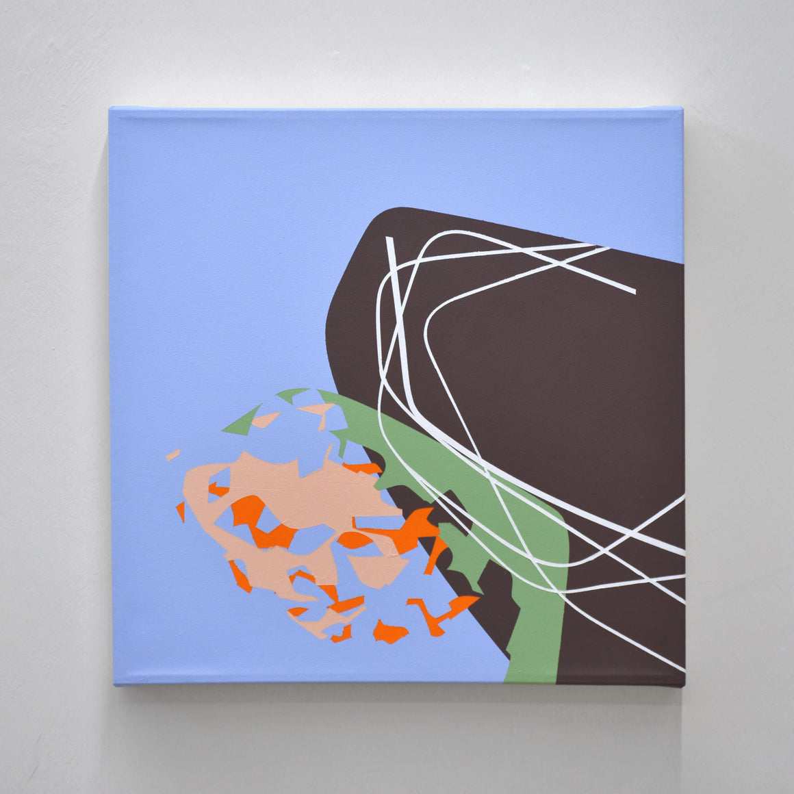 Composition minimaliste inspirée du fleuve par Philippe Poullaouec-Gonidec, dans les tons de bleu, de brun, de vert et d’orangé.