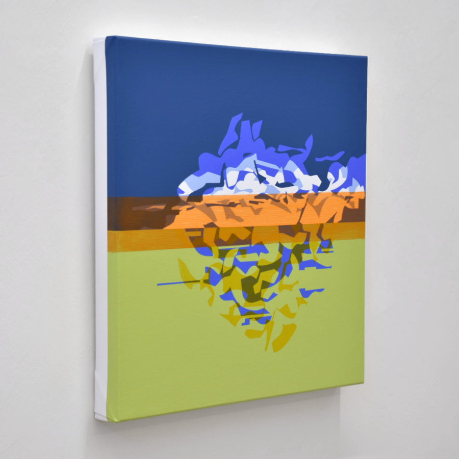 Tableau abstrait de Philippe Poullaouec-Gonidec, avec un ciel bleu foncé, un sol de couleur vert vif et un horizon orangé.