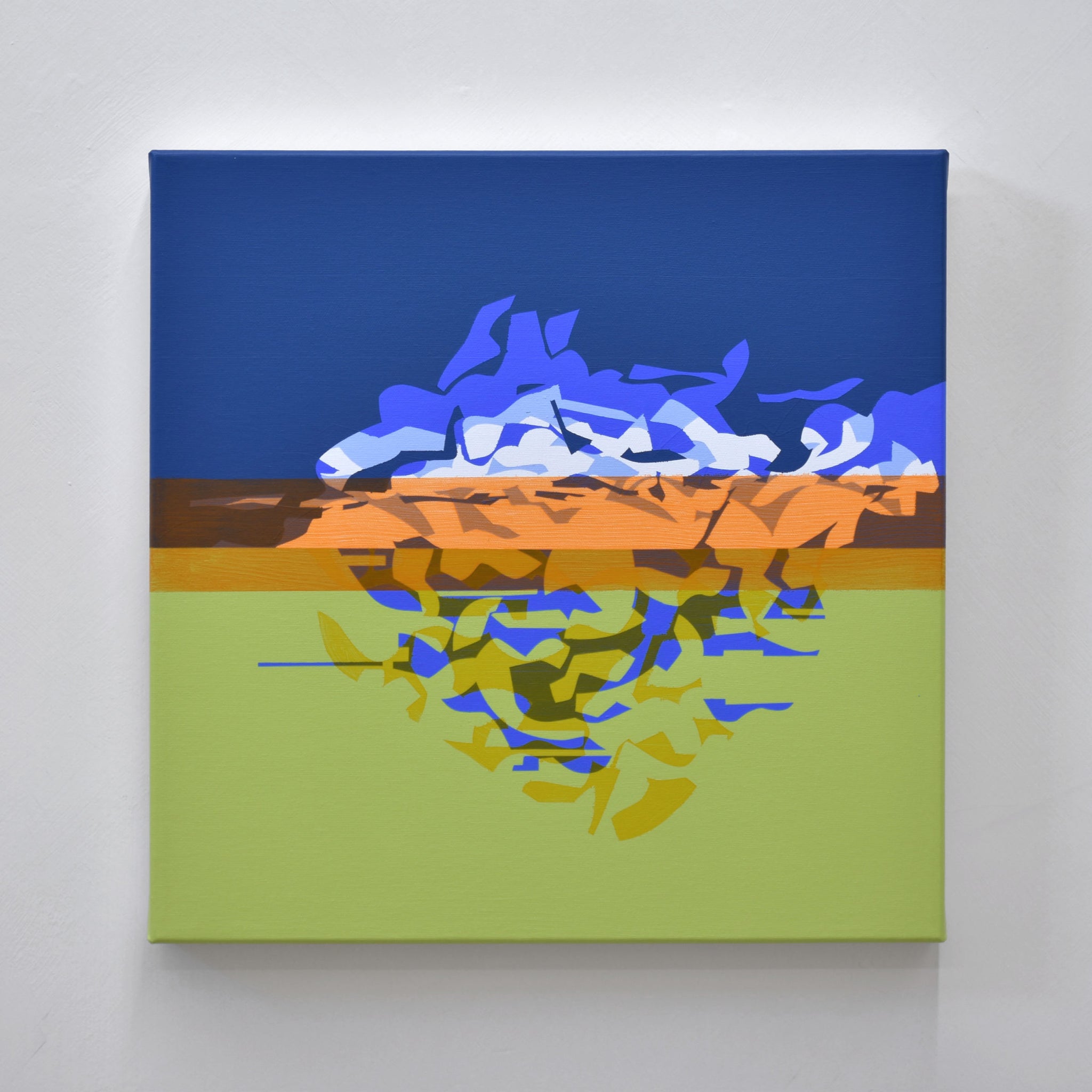 Tableau abstrait de Philippe Poullaouec-Gonidec, avec un ciel bleu foncé, un sol de couleur vert vif et un horizon orangé.