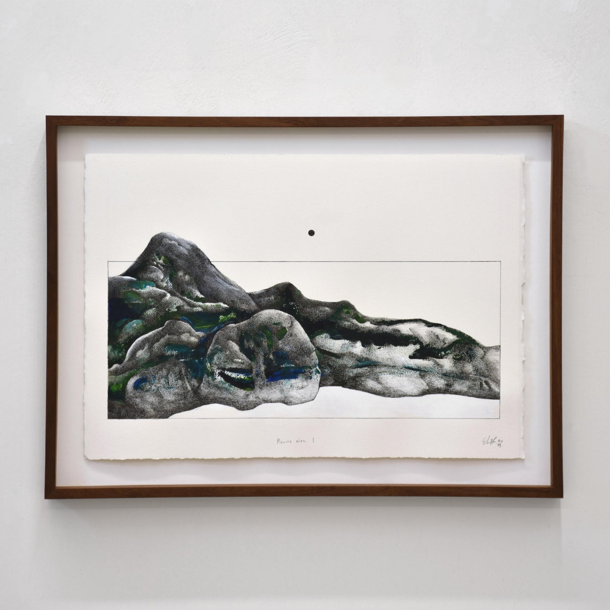 Pieuvre alien I, par Elisabeth Gravel. Encre noire et acrylique sur papier Arches. Formation d’une montagne aux allures de pieuvre avec un lune dans le ciel.