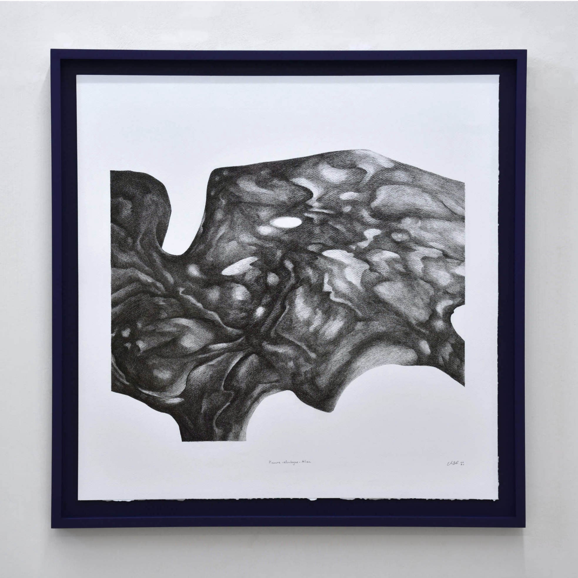 Pieuvre-montagne-alien, par Elisabeth Gravel. Composition monochromatique surréaliste. Pieuvre noire sur papier blanc. Cadre bleu foncé.
