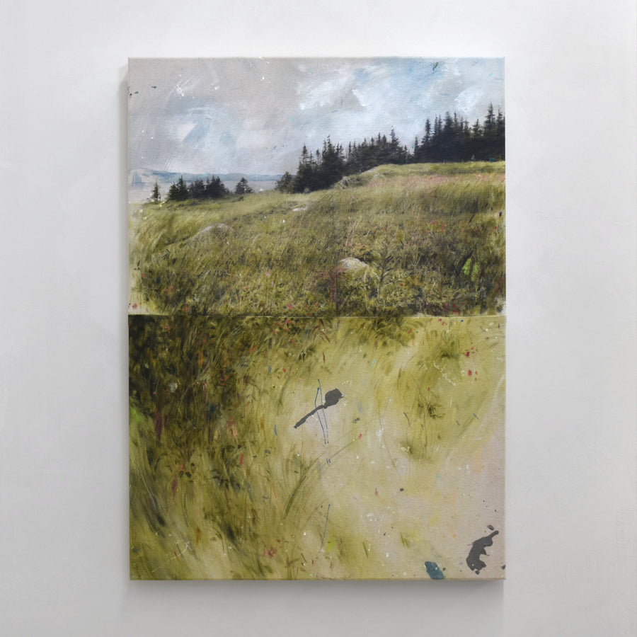 Intitulé Quatre-temps, ce tableau de Chloé Giroux-Bertrand représente un champ d’herbes et de fleurs, un horizon d’épinettes noires et le fleuve.
