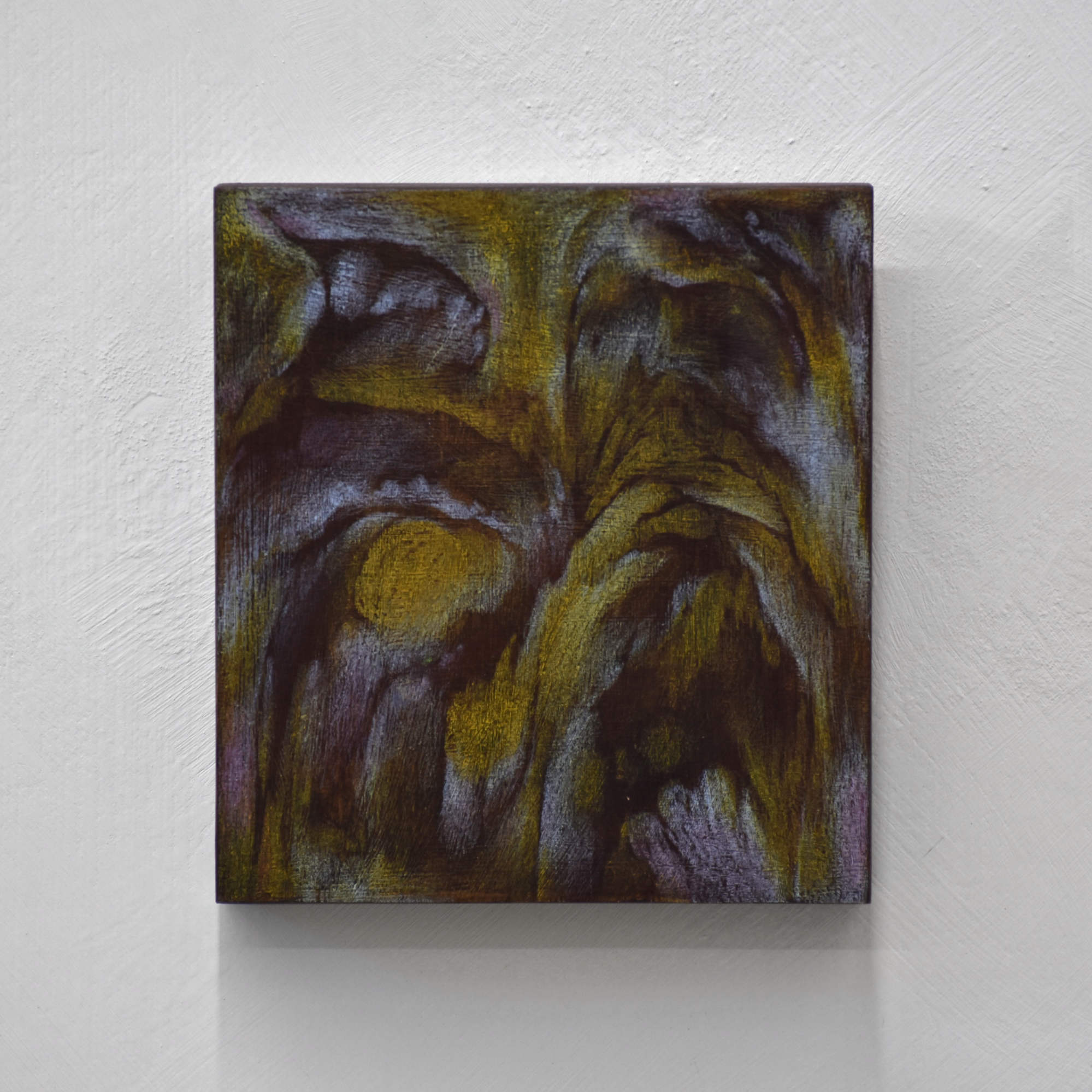 Rassembler les détails de Laurence Belzile. Tout petit tableau abstrait. Crayons de couleur sur bois.