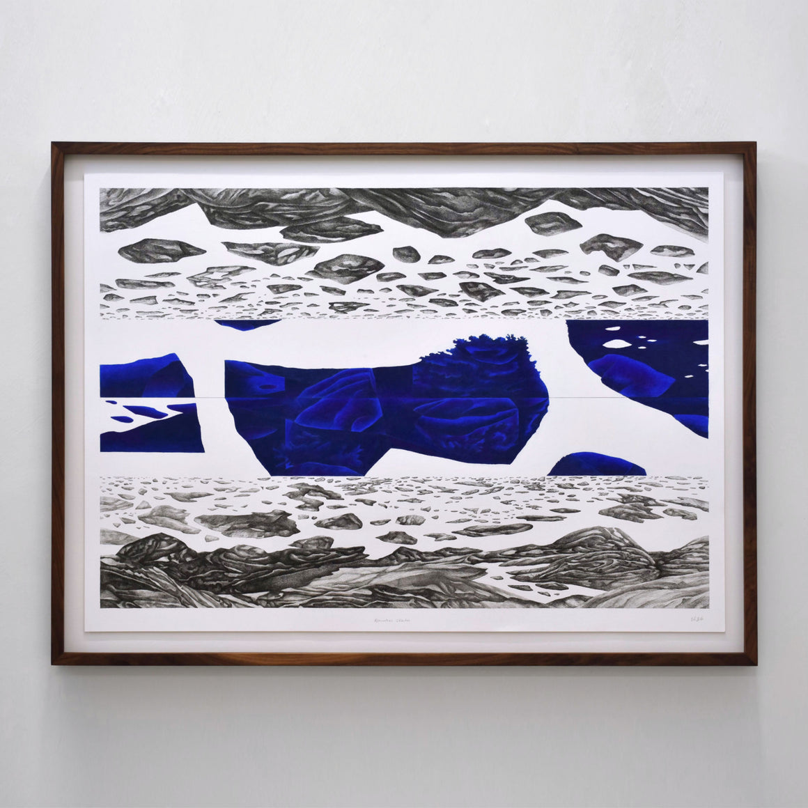 Grand dessin d’Elisabeth Gravel sur papier Arches, composition surréaliste, rochers en suspensions et autre dimension