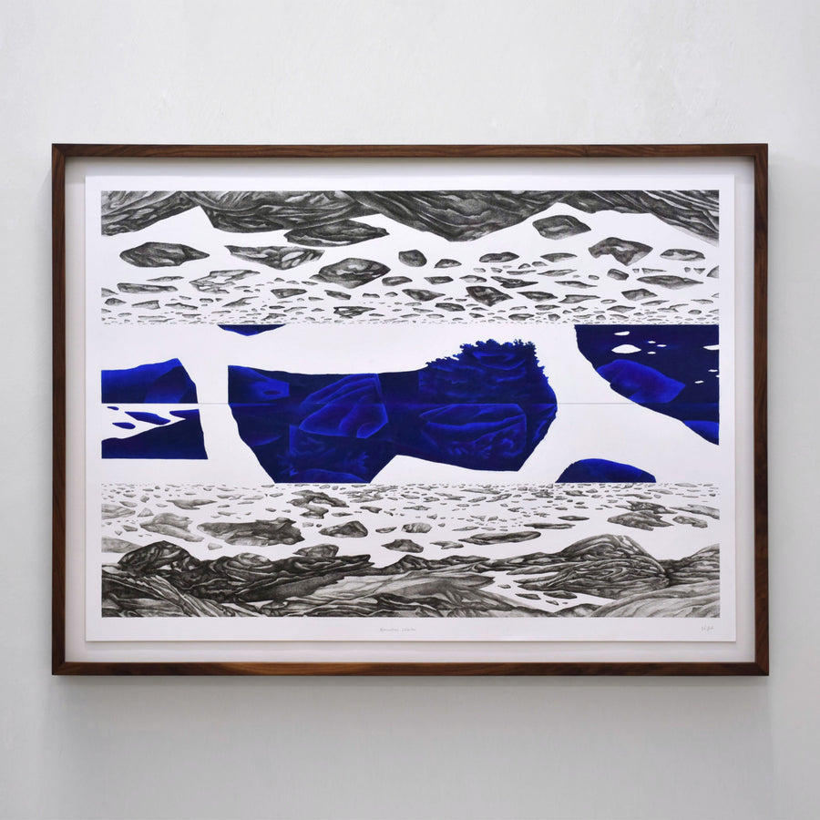 Grand dessin d’Elisabeth Gravel sur papier Arches, composition surréaliste, rochers en suspensions et autre dimension